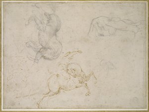 A Horseman lader og andre studier (penn og brunt blekk med og over svart kritt på off-white papir) av Michelangelo Buonarroti