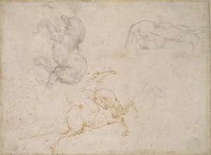 A Horseman charging and other studies, 1500-tallet av Michelangelo Buonarroti