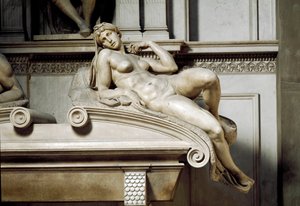 Allegori av Aurora. Graven til Laurent II av Medicis. Marmorskulptur 1531 av Michelangelo Buonarroti