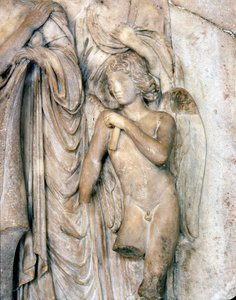 Angel, Venezia-marmor, tidlig på 1500-tallet. Begravelsesseremoni, detalj, Louvre-museet. Skulptur av Michelangelo Buonarroti dit Michel Ange (Michelangelo eller Michelangelo av Michelangelo Buonarroti