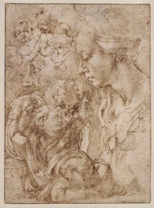 "Studier for en hellig familie med døperen Johannes som barn" (Studier for en hellig familie med døperen Johannes som barn) Tegning av Michelangelo Buonarroti (1475-1564) - 1505 - Penn, pensel, indisk blekk på papir Dim 28, 7x20 ,9 cm Staatliche Museen, Be av Michelangelo Buonarroti