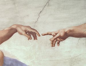 Hands of God and Adam, detalj fra The Creation of Adam, fra det sixtinske tak, 1511 (forhåndsrestaurering)