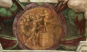 Medaljong representerer ødeleggelsen av statuen av Gud Baal..., 1508-1512. av Michelangelo Buonarroti