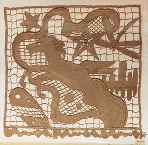 Prøve av nålekniplinger og innlegg for gardiner, med mønstre trukket fra arbeid laget av kunstneren Giulio Rosso, Michelangelo Jesurum Manufacture av Michelangelo Buonarroti
