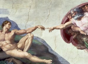 Det sixtinske kapells tak: Adams skapelse, detalj av de utstrakte armene, restaurering av freskomaleri etter 1510