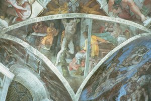 Tak i det sixtinske kapell: Haman (spandrel) (forhåndsrestaurering) av Michelangelo Buonarroti