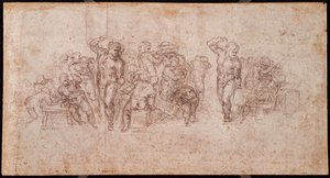 Studie av figurer for en narrativ scene (svart kritt på papir) (recto) (for verso se 191764) av Michelangelo Buonarroti