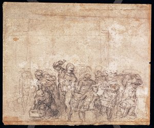 Studie av figurer for en narrativ scene (svart kritt på papir) (verso) (for recto se 191777) (se også 191767) av Michelangelo Buonarroti