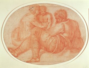 Studie av den hellige familie (rødt kritt på papir) av Michelangelo Buonarroti