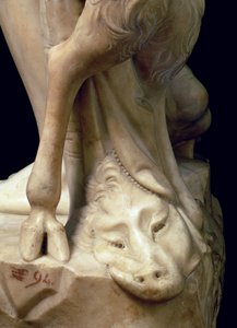 The Drunkenness of Bacchus, detalj av et panterhode, skulptur av Michelangelo Buonarroti 1475-1564, 1496-97 marmordetalj av 52672