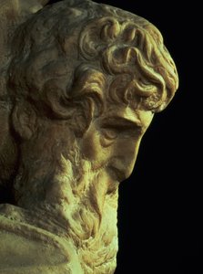 The Genius of Victory av Michelangelo Buonarroti 1475-1564 detalj av et uferdig hode, 1527-28 marmor se 52671