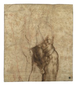 Den oppstandne Kristus, trekvart lang naken ser ned til høyre av Michelangelo Buonarroti