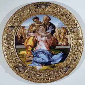 Tondo Doni: The Holy Family with Saint John the Baptist Child - olje på panel av Michelangelo Buonarroti