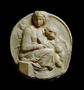 Jomfru og barn med døperen Johannes Madonna Pitti eller Tondo Pitti. Pregede marmorstrømper av Michelangelo Buonarroti av Michelangelo Buonarroti
