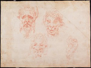 W.33 Skisser av satyransikter (rødt kritt på papir) av Michelangelo Buonarroti