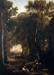 Erminia and the shepherds, av Michelangelo Cerquozzi kjent som Michelangelo delle Battaglie (1602-1660), olje på lerret