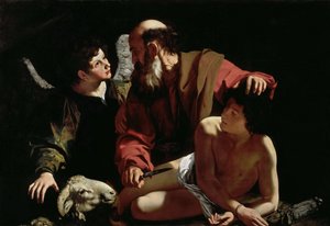 Abraham som ofrer Isaac av Caravaggio, Michelangelo (1571-1610). Olje på lerret, ca 1597-1599, Dimensjon: 116x173. Barbara Piasecka Johnson-samlingen av Michelangelo Merisi da Caravaggio