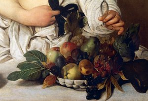 Bacchus, detalj med skål med frukt, ca. 1589 (olje på lerret) av Michelangelo Merisi da Caravaggio