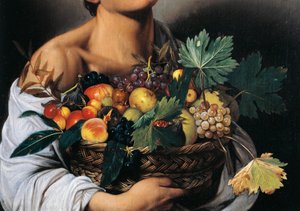 Gutt med en kurv med frukt, detalj av Michelangelo Merisi da Caravaggio