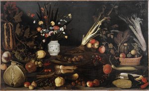 Stilleben med blomster og frukt - olje på lerret ca.1590 av Michelangelo Merisi da Caravaggio