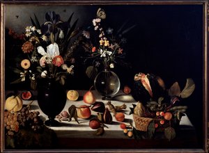 Stilleben med blomster og frukt Maleri tilskrevet Caravaggio dit le Caravaggio