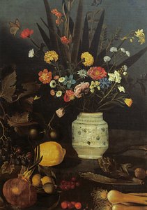 Stilleben med blomster og planter (olje på lerret) (detalj av 624933) av Michelangelo Merisi da Caravaggio
