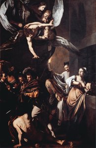De syv verkene til misericorde (Sette opere di misericordia). Cimon dømmer til å sulte i fengsel lever av brystet til datteren Pero (Roman Charity) og i bakgrunnen bærer en mann en fakkel i flamme for å trekke ut et lik. Øverst har jomfruen t av Michelangelo Merisi da Caravaggio