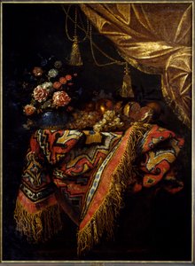 Stilleben Frukt og blomster posert på en duk. Maleri av Michelangelo Campidoglio (1610-1670) 1600-tallet Rennes, Museum of Fine Arts.