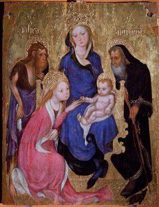 Det mystiske ekteskapet til Saint Catherine med de hellige døperen Johannes og Anthony av Egypt - Maleri, rundt 1420 av Michelino Molinari da (attr. to) Besozzo