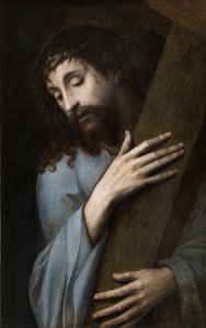 Jesus with the Cross - Maleri av Michiel Coxcie (Coxie, Coxien, De Coxien, De Coxcie, Coxius, Van Coxcie) (1499-1592), ca 1555 - Olje på tre, 81x50 - Museo del Prado, Madrid