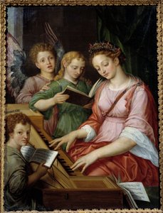 Saint Cecile spiller cembalo Maleri av Michael Coxcie (Michiel Coxien) (De Coxien, De Coxcie, Coxius, Van Coxcie og Coxie) (1499-1592)