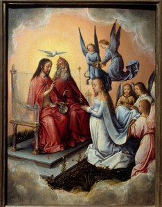 Kroningen av jomfruen. Jomfruen velsignet av treenigheten (Gud, Kristus og Den Hellige Ånd) over henne, engler legger kronen på hodet hennes. Maleri av Michel Sittow (1468-1525) eller Master Michiel, Ec. Hol.