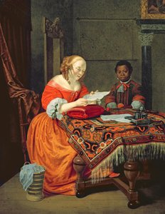 En kvinne som leser et brev med en svart tilstede, 1670
