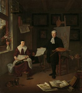 Portrett av Michiel Comans (1614-1687), kalligraf, etser, maler og skolemester, med sin tredje kone Elisabeth van der Mersche