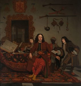 Thomas Hees og hans tjener Thomas og nevøene Jan og Andries Hees Portrett av Thomas Hees (f. 1634/35), bosatt og kommissær for statens general til regjeringene i Alger, Tunis og Tripoli, med nevøene Jan (f. 1670/71) og Andries (f. 1).