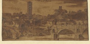Utsikt over S. Maria i Cosmedin, Vesta-tempelet og Ponte S. Maria i Roma av Michiel van Overbeek