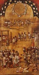Erobringen av Mexico, Panel III, ca. 1696-1715 (maling på tre) av Miguel Gonzalez