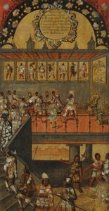 Erobringen av Mexico, Panel XII, ca. 1696-1715 (maling på tre) av Miguel Gonzalez