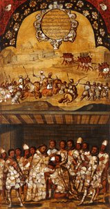 Erobringen av Mexico, Panel XIX, ca. 1696-1715 (maling på tre) av Miguel Gonzalez