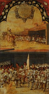 Erobringen av Mexico, Panel XV, ca. 1696-1715 (maling på tre) av Miguel Gonzalez