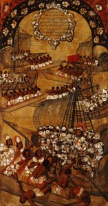 Erobringen av Mexico, Panel XXII, ca. 1696-1715 (maling på tre) av Miguel Gonzalez