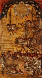 Erobringen av Mexico, Panel XXIV, ca. 1696-1715 (maling på tre) av Miguel Gonzalez