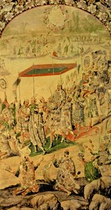 Et av et par paneler som viser møtet mellom Hernando Cortes (1485-1547) og Montezuma (1466-1520): Montezuma og hans tilhengere, 1698