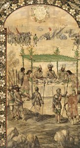 Beordrer ødeleggelsen av skipene og møter ambassadørene til Montezuma (Moctezuma, Moteuczoma, Motecuhzoma) (1466-1520) i 1520 - Erobringen av Mexico av Hernan Cortes par Gonzalez, Miguel og Juan (aktiv slutten av 1600-tallet). Olje på tre, størrelse: