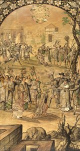 Erobringen av Mexico av Hernan Cortes par Gonzalez, Miguel og Juan (aktiv slutten av 1600-tallet). Olje på tre, størrelse: 97x53