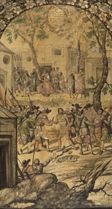 Erobringen av Mexico av Hernan Cortes par Gonzalez, Miguel og Juan (aktiv slutten av 1600-tallet). Olje på tre, størrelse: 97x53