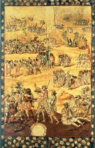 Møtet mellom Hernando Cortes (1485-1547) og Montezuma (1466-1520), panel fra erobringen av Mexico