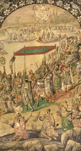 The Welcome of Montezuma (Moctezuma, Moteuczoma, Motecuhzoma)(1466-1520) - Erobringen av Mexico av Hernan Cortes par Gonzalez, Miguel og Juan (aktiv Slutten av 1600-tallet). Olje på tre, størrelse: 97x53 av Miguel and Juan Gonzalez