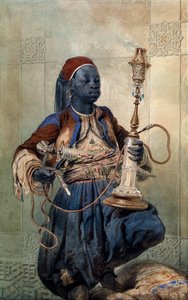 ""Portrett av Nubian with a Waterpipe"" (Nubian with a Waterpipe) Akvarell av Mihaly Zichy (1827-1906) 1862 Dim 49,5x31 cm Privat samling