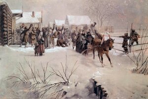 Tsar Alexander II (1818-1881) i en slede krysser en landsby under snø Akvarell av Mihaly von Zichy (1827-1906) St. Petersburg fra 1800-tallet, Chateau de Peterhof